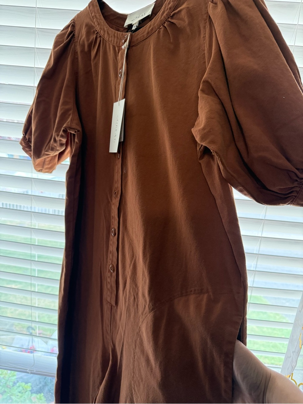 THE GREAT. Rust Button-Front Puff Sleeve jumpsuit - Picture 2 of 10